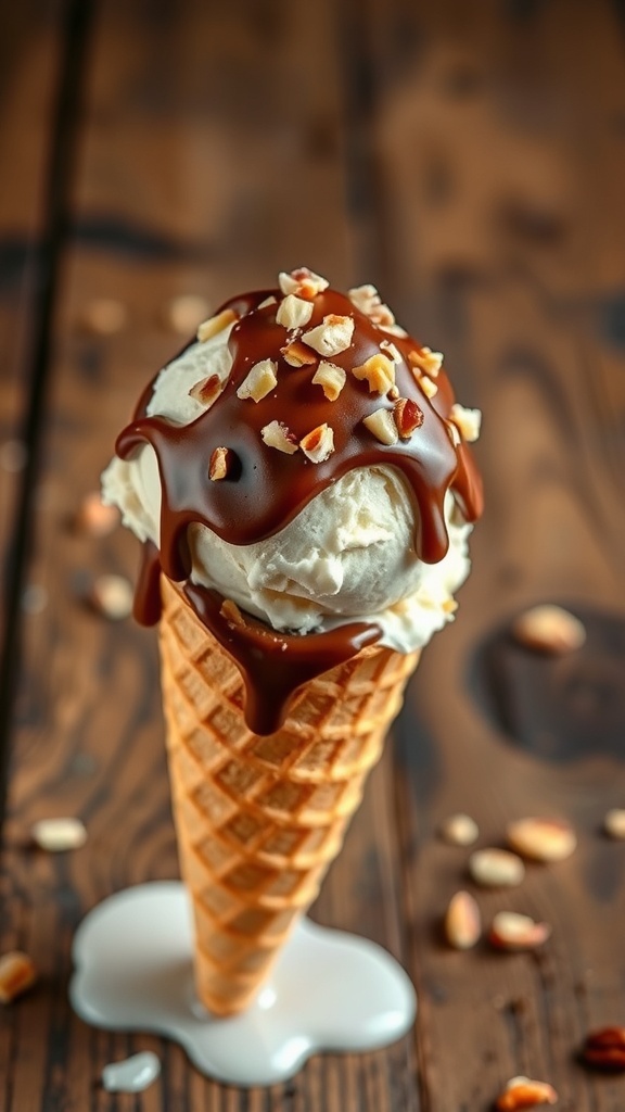 Homemade Ice Cream Cornetto Recipe Homemade ice cream cornetto with chocolate topping and nuts on a wooden table.